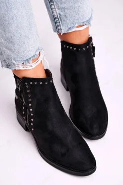 Outlet Damskie Botki Na Obcasie Nity Czarne Control Damskie Czarne Botki|Botki Zimowe Damskie