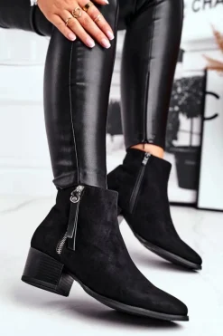 Hot Damskie botki na obcasie ocieplane czarne Discretely Damskie Botki Na Słupku|Czarne Botki