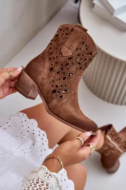 Hot Boto Damskie Botki Na Obcasie Z Ażurowym Wzorem Lewski 3394/2 Brązowe