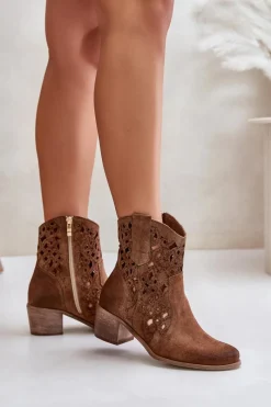 Hot Boto Damskie Botki Na Obcasie Z Ażurowym Wzorem Lewski 3394/2 Brązowe