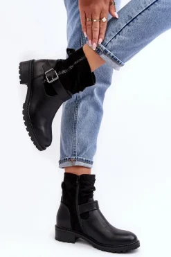 Outlet Boto Damskie Botki Na Płaskim Obcasie Z Klamrą Czarne Cillolis