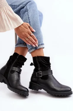 Outlet Boto Damskie Botki Na Płaskim Obcasie Z Klamrą Czarne Cillolis