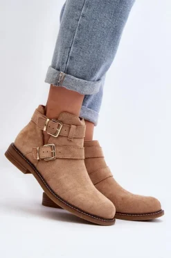 Online Damskie Botki Na Płaskim Obcasie Z Paskami Beżowe Melviana Damskie Botki Wiosenne|Brązowe I Beżowe Botki