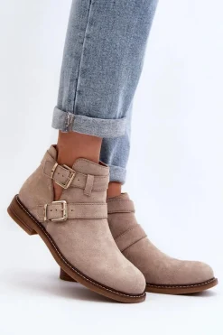 New Damskie Botki Na Płaskim Obcasie Z Paskami Jasnobeżowe Melviana Damskie Botki Wiosenne|Czarne Botki