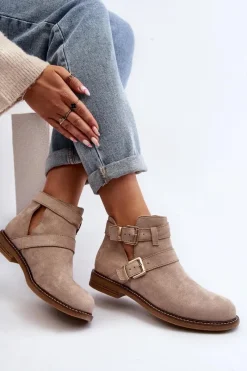 New Damskie Botki Na Płaskim Obcasie Z Paskami Jasnobeżowe Melviana Damskie Botki Wiosenne|Czarne Botki