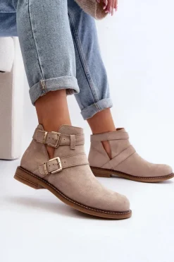 New Damskie Botki Na Płaskim Obcasie Z Paskami Jasnobeżowe Melviana Damskie Botki Wiosenne|Czarne Botki