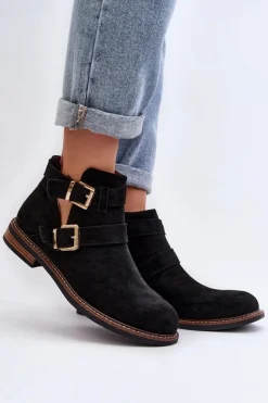 Botki Wiosenne|Czarne Botki>Boto Damskie Botki Na Płaskim Obcasie Z Paskami Czarne Melviana Czarny