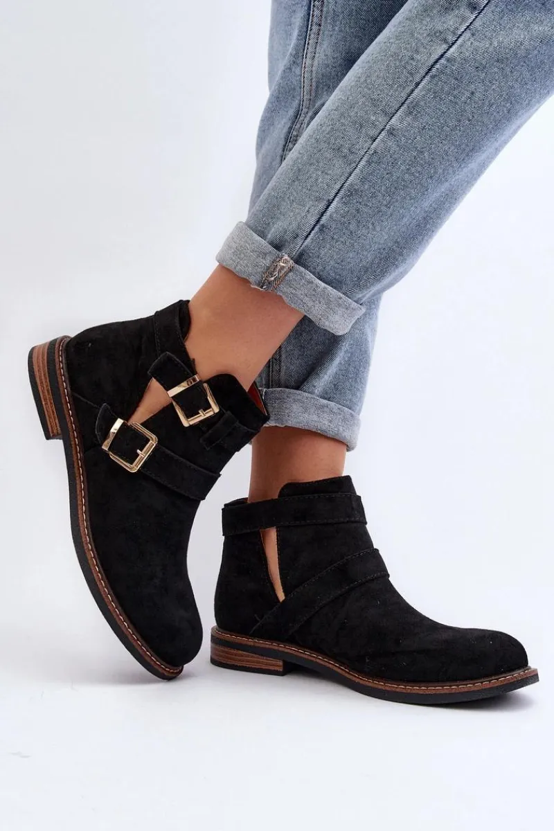 Botki Wiosenne|Czarne Botki>Boto Damskie Botki Na Płaskim Obcasie Z Paskami Czarne Melviana Czarny