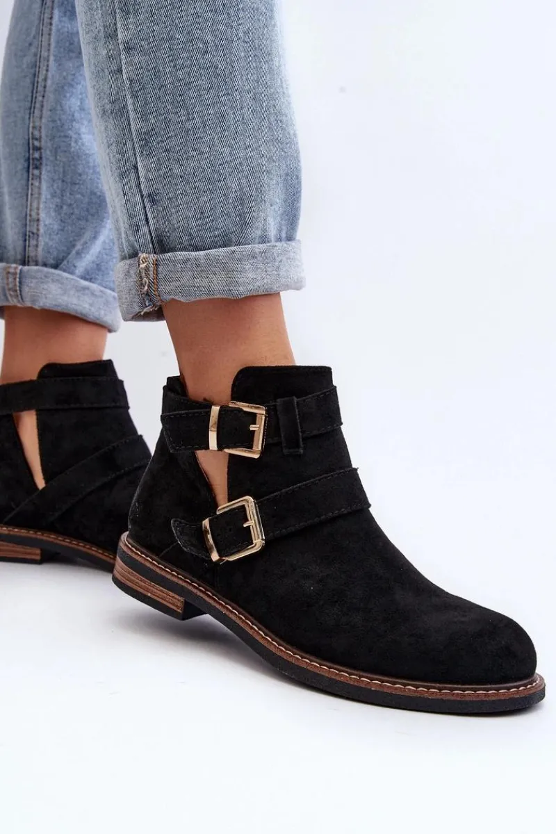 Botki Wiosenne|Czarne Botki>Boto Damskie Botki Na Płaskim Obcasie Z Paskami Czarne Melviana Czarny