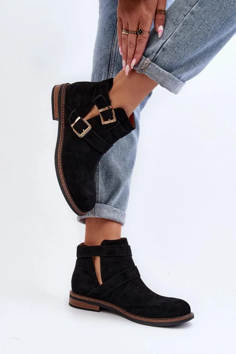 Botki Wiosenne|Czarne Botki>Boto Damskie Botki Na Płaskim Obcasie Z Paskami Czarne Melviana Czarny