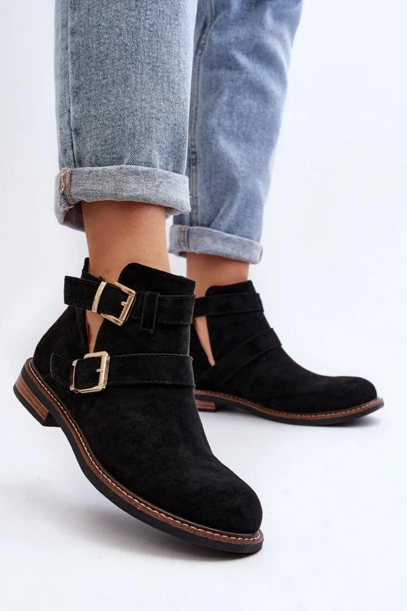 Botki Wiosenne|Czarne Botki>Boto Damskie Botki Na Płaskim Obcasie Z Paskami Czarne Melviana Czarny