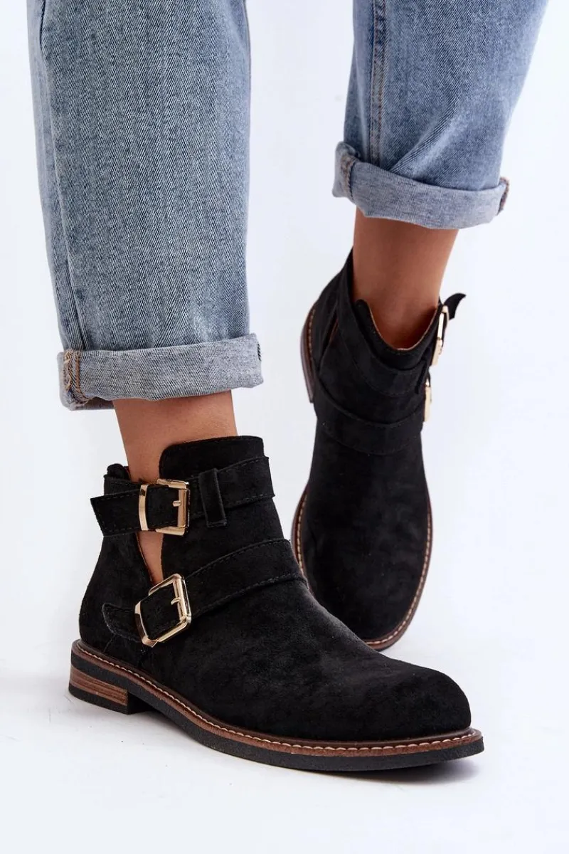 Botki Wiosenne|Czarne Botki>Boto Damskie Botki Na Płaskim Obcasie Z Paskami Czarne Melviana Czarny