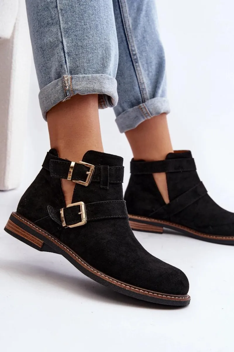 Botki Wiosenne|Czarne Botki>Boto Damskie Botki Na Płaskim Obcasie Z Paskami Czarne Melviana Czarny