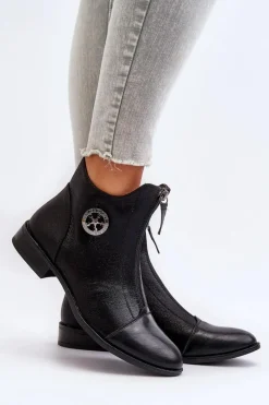 Outlet Boto Damskie Botki Na Płaskim Obcasie Z Zamkiem Czarne Loratie Czarny