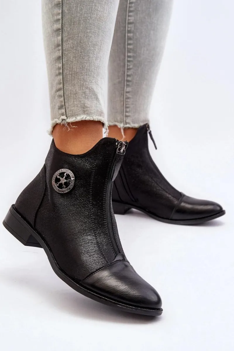 Outlet Boto Damskie Botki Na Płaskim Obcasie Z Zamkiem Czarne Loratie Czarny