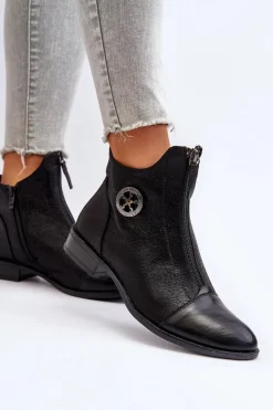 Outlet Boto Damskie Botki Na Płaskim Obcasie Z Zamkiem Czarne Loratie Czarny