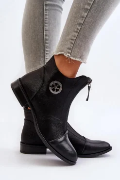 Outlet Boto Damskie Botki Na Płaskim Obcasie Z Zamkiem Czarne Loratie Czarny