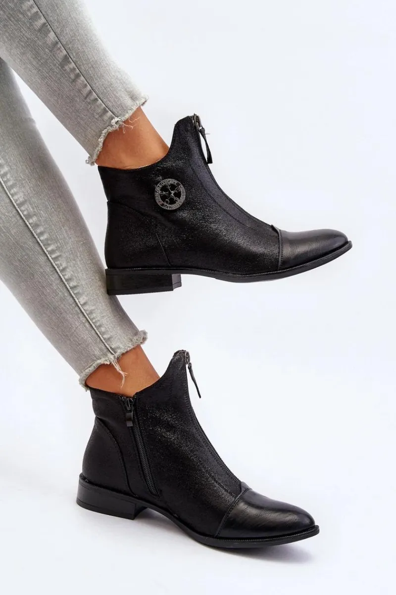 Outlet Boto Damskie Botki Na Płaskim Obcasie Z Zamkiem Czarne Loratie Czarny