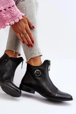 Outlet Boto Damskie Botki Na Płaskim Obcasie Z Zamkiem Czarne Loratie Czarny