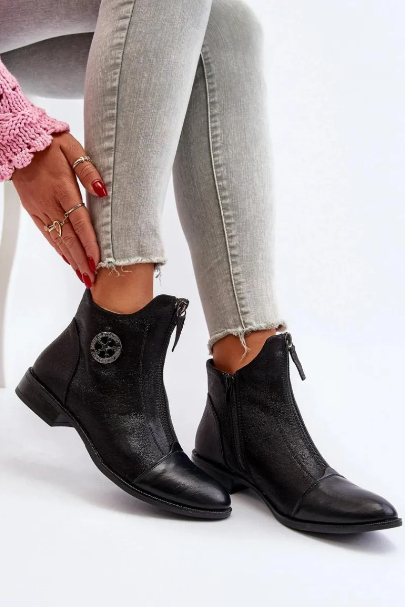 Outlet Boto Damskie Botki Na Płaskim Obcasie Z Zamkiem Czarne Loratie Czarny