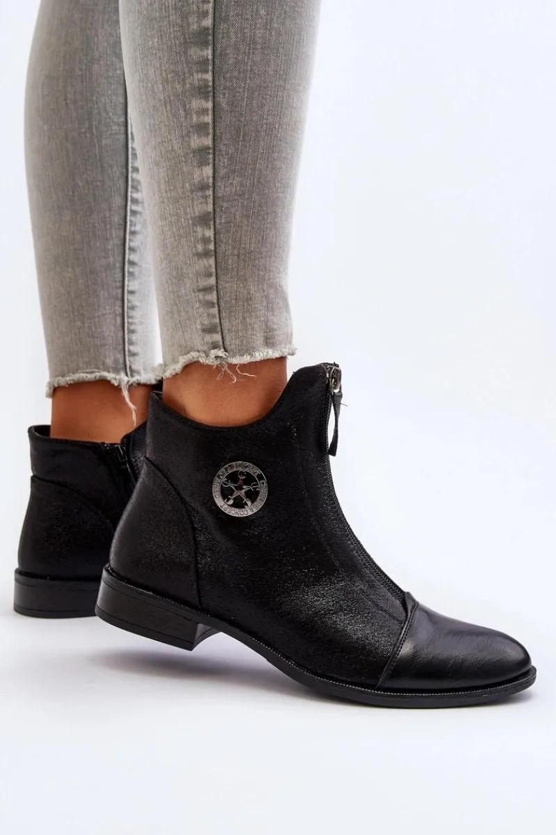 Outlet Boto Damskie Botki Na Płaskim Obcasie Z Zamkiem Czarne Loratie Czarny