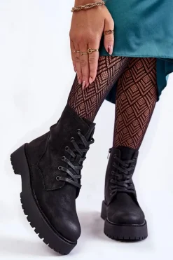 Damskie Trapery|Botki Sznurowane>Buty Sergio Leone Damskie Botki Na Platformie Czarne Randi