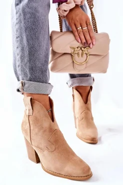 Online Damskie Botki Na Słupku Beżowe Meronet Damskie Botki Na Słupku|Botki Zimowe Damskie