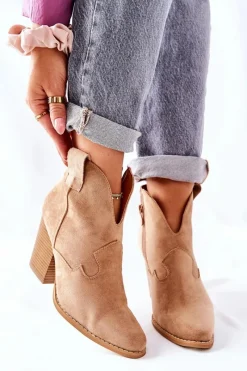 Online Damskie Botki Na Słupku Beżowe Meronet Damskie Botki Na Słupku|Botki Zimowe Damskie