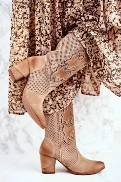 Online Damskie Botki Na Słupku Beżowe Skórzane Wysokie Rosemary Damskie Botki Na Słupku|Brązowe I Beżowe Botki