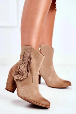 New Boto Damskie Botki Na Słupku Beżowe Skórzane Quintana