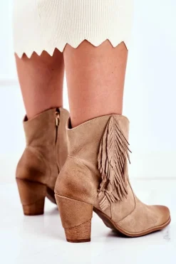 New Boto Damskie Botki Na Słupku Beżowe Skórzane Quintana