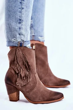 New Boto Damskie Botki Na Słupku Cappuccino Skórzane Quintana