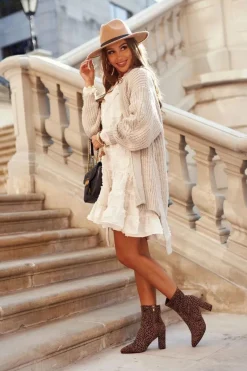 Online Damskie buty S.Barski Damskie Botki Na Słupku Cętki Camel Panther