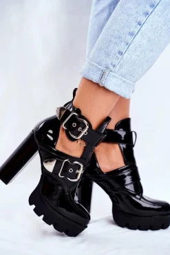 Outlet Damskie Botki Na Słupku Lakierowane Czarne Rock Time! Damskie Botki Na Słupku|Botki Na Obcasie