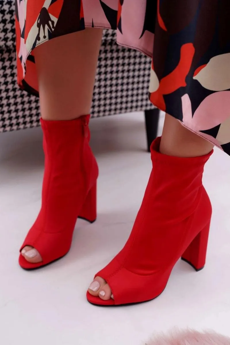 Outlet Damskie Botki Na Słupku Lycra Odkryte Palce Czerwone First Damskie Botki Na Słupku|Botki Na Obcasie