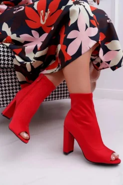 Outlet Damskie Botki Na Słupku Lycra Odkryte Palce Czerwone First Damskie Botki Na Słupku|Botki Na Obcasie