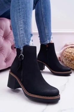 Hot Damskie Botki Na Słupku Ocieplane Filcem Czarne Delia Damskie Botki Na Słupku|Botki Zimowe Damskie