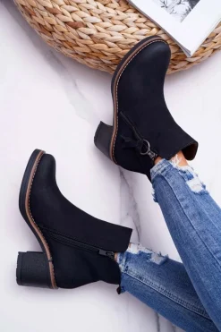 Hot Damskie Botki Na Słupku Ocieplane Filcem Czarne Delia Damskie Botki Na Słupku|Botki Zimowe Damskie