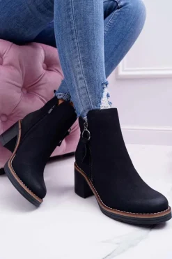 Hot Damskie Botki Na Słupku Ocieplane Filcem Czarne Delia Damskie Botki Na Słupku|Botki Zimowe Damskie