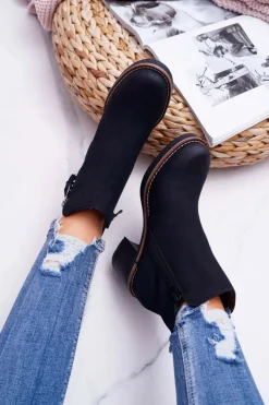 Hot Damskie Botki Na Słupku Ocieplane Filcem Czarne Delia Damskie Botki Na Słupku|Botki Zimowe Damskie