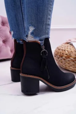 Hot Damskie Botki Na Słupku Ocieplane Filcem Czarne Delia Damskie Botki Na Słupku|Botki Zimowe Damskie