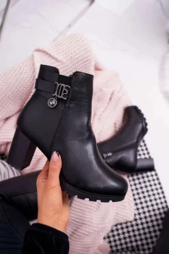 Sale Boto Damskie Botki Na Słupku Ocieplane Czarne Teleni