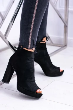 Outlet Boto Damskie Botki Na Słupku Odkryte Palce Czarne Temira