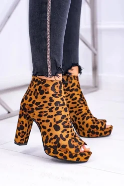 New Damskie Botki Na Słupku Odkryte Palce Panterka Temira Damskie Botki Na Słupku|Botki Zamszowe