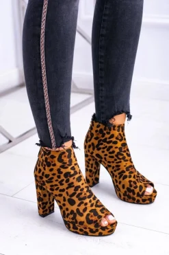 New Damskie Botki Na Słupku Odkryte Palce Panterka Temira Damskie Botki Na Słupku|Botki Zamszowe