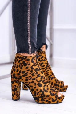 New Damskie Botki Na Słupku Odkryte Palce Panterka Temira Damskie Botki Na Słupku|Botki Zamszowe