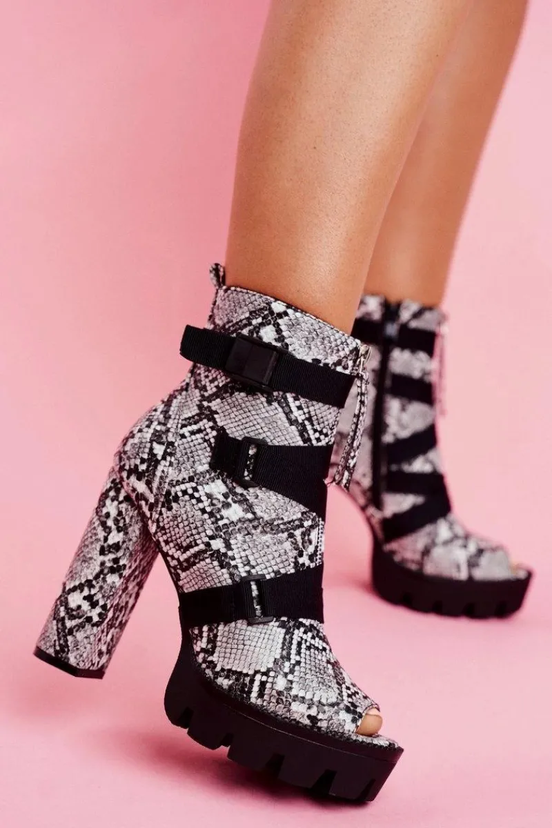 Best Boto Damskie Botki Na Słupku Open Toe Skóra Węża Gladios