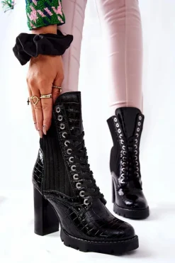Botki Sznurowane|Botki Na Słupku>Boto Damskie Botki Na Słupku Wysokie Wzór Krokodyla Czarne Erdogan