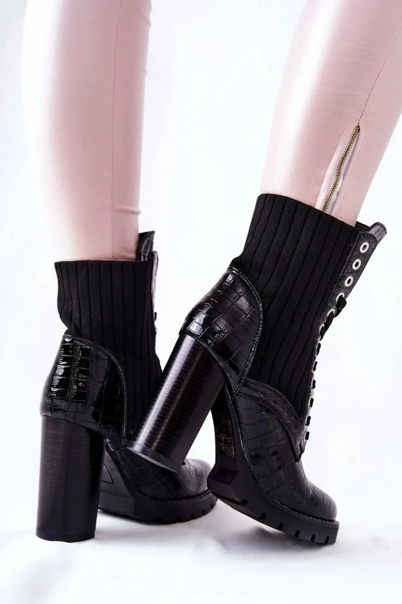 Botki Sznurowane|Botki Na Słupku>Boto Damskie Botki Na Słupku Wysokie Wzór Krokodyla Czarne Erdogan