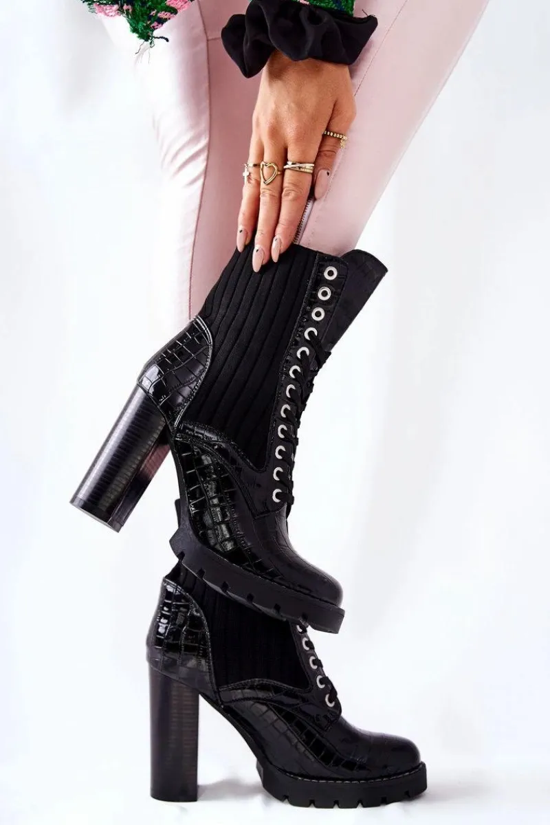 Botki Sznurowane|Botki Na Słupku>Boto Damskie Botki Na Słupku Wysokie Wzór Krokodyla Czarne Erdogan